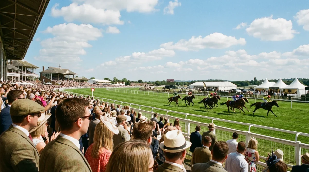 Renbaan met meerdere paardenraces op een zonnige racedag, tribune gevuld met toeschouwers