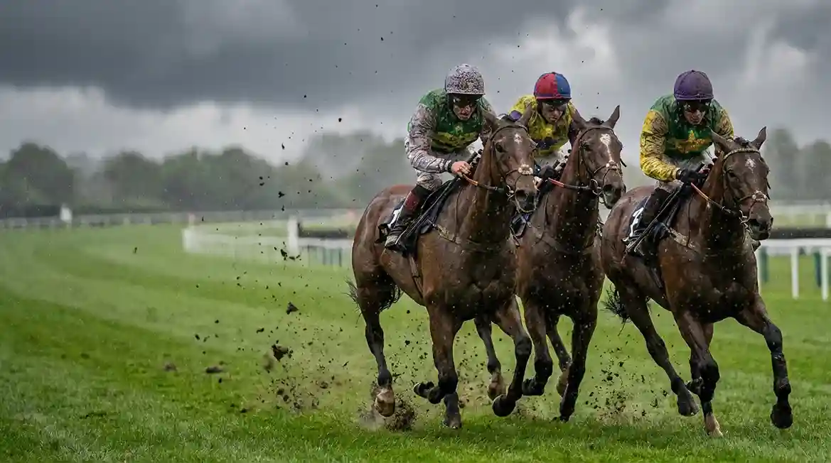 Renpaarden galopperen over een natte, zachte grasbaan terwijl modder opspat onder hun hoeven bij regenachtig weer