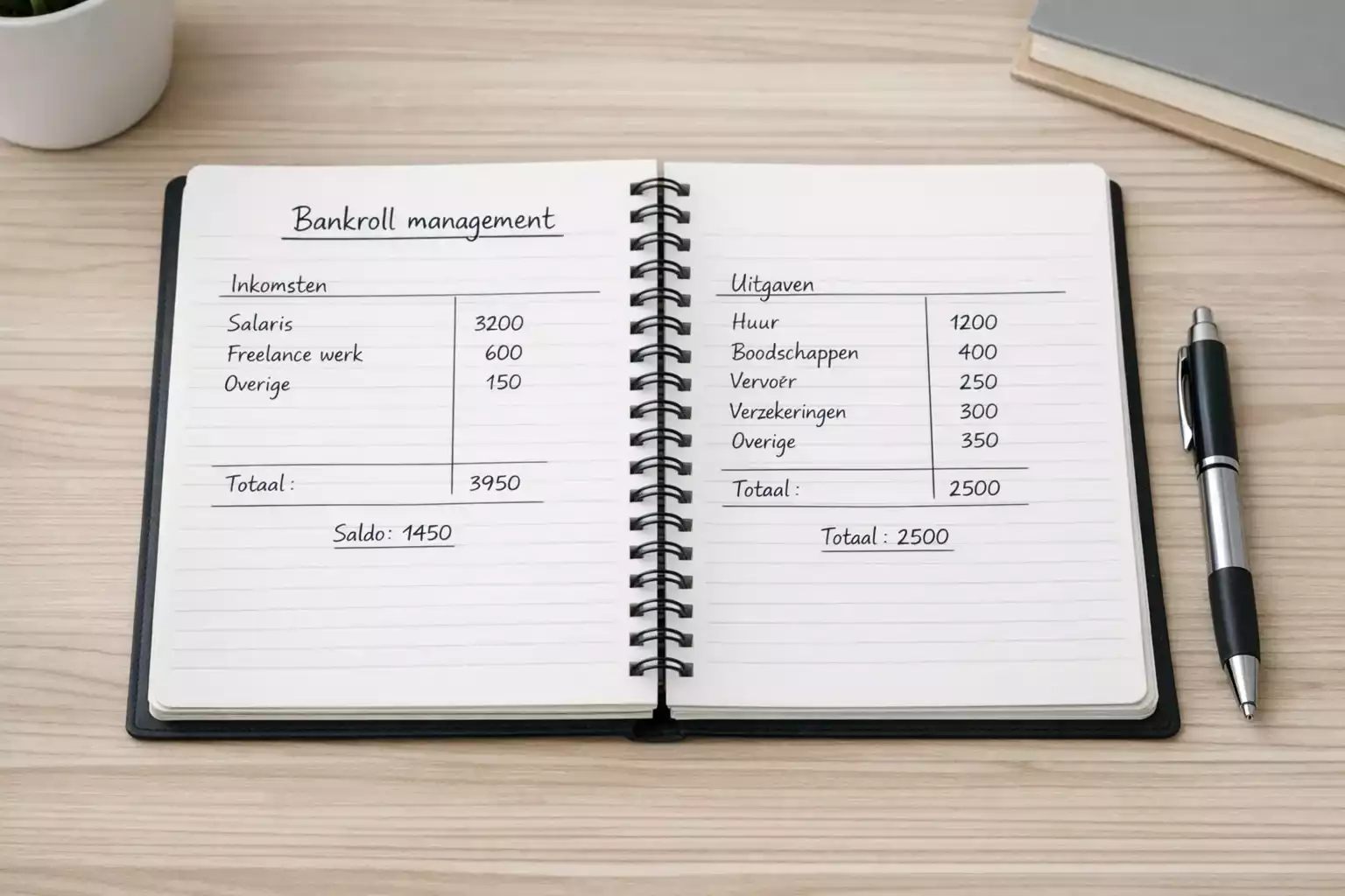 Notitieboek met bankroll planning en inzetten overzicht