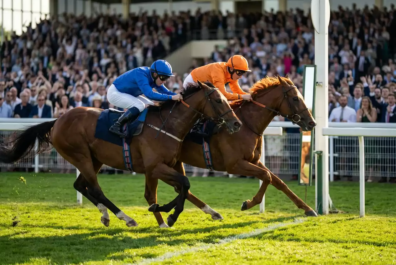 Paardenrace waarbij een outsider de favoriet verslaat bij de finishlijn op een drukbezochte renbaan