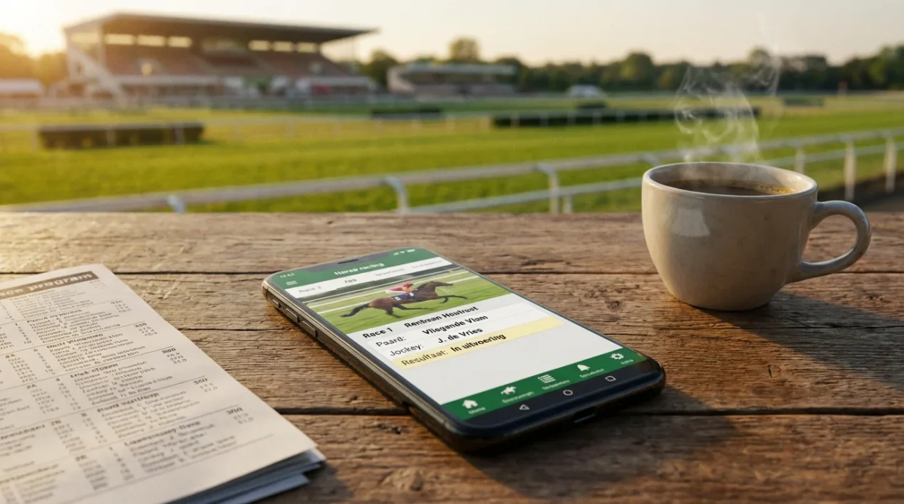 Smartphone met een paardenrace-app op een tafel naast een racekaart en koffiekop op de renbaan