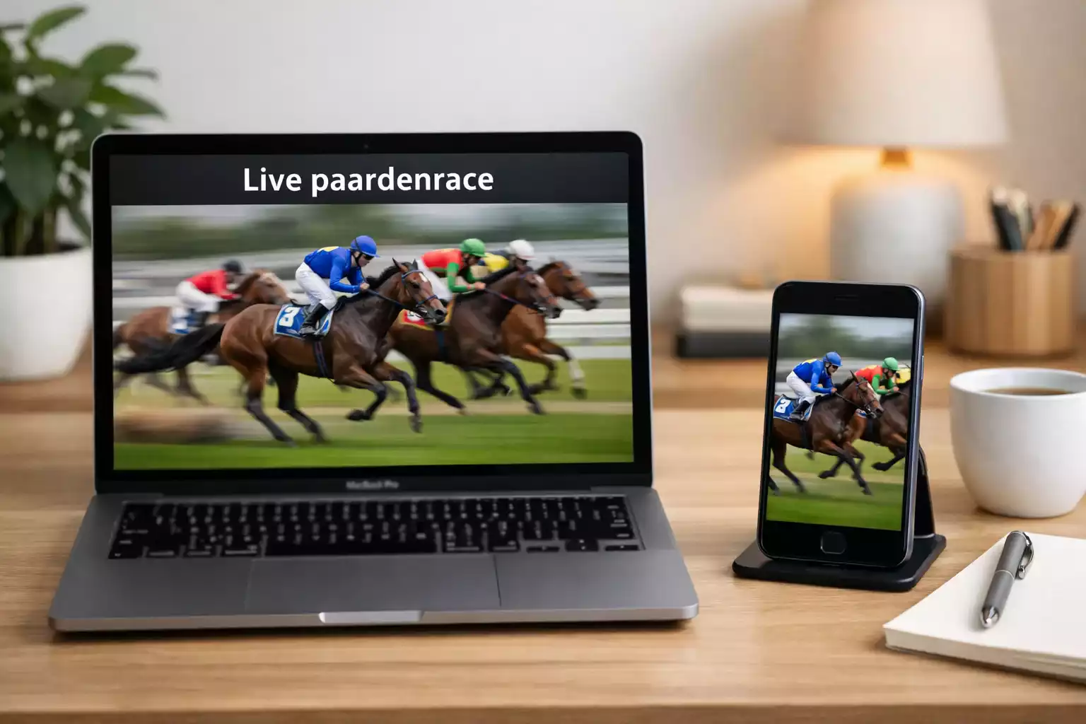 Live streaming van paardenrace op laptop en smartphone