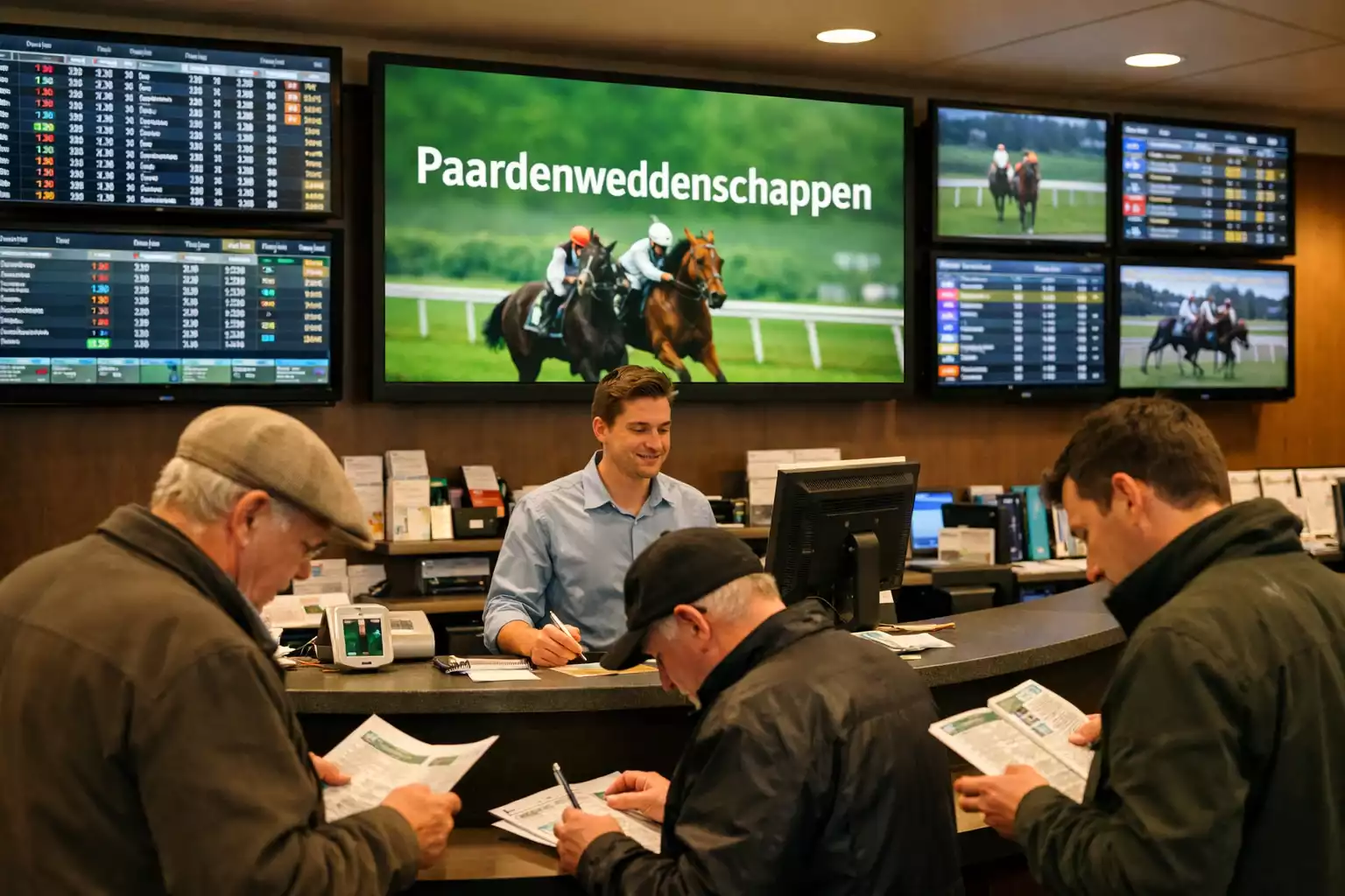 Interieur van een wedkantoor met schermen en balies