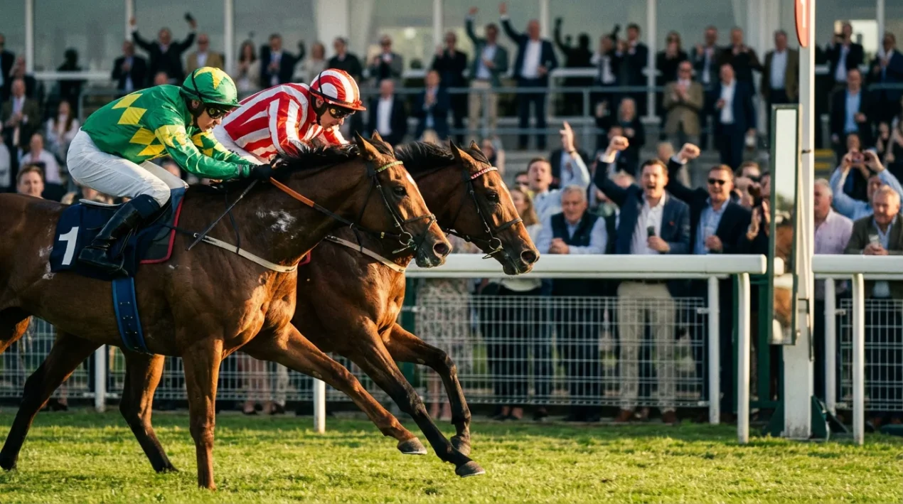 Twee renpaarden in een fotofinish op een renbaan, gezien vanaf de zijlijn met publiek op de achtergrond