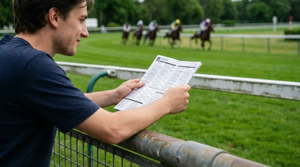 Beginner bestudeert een racekaart bij de reling van een renbaan met paarden die in de verte lopen