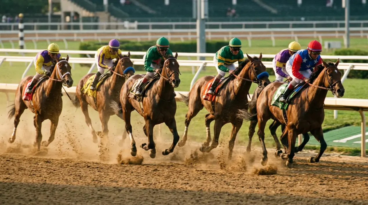 Groep renpaarden in volle galop op een zandbaan tijdens een spannende paardenrace met stofwolken