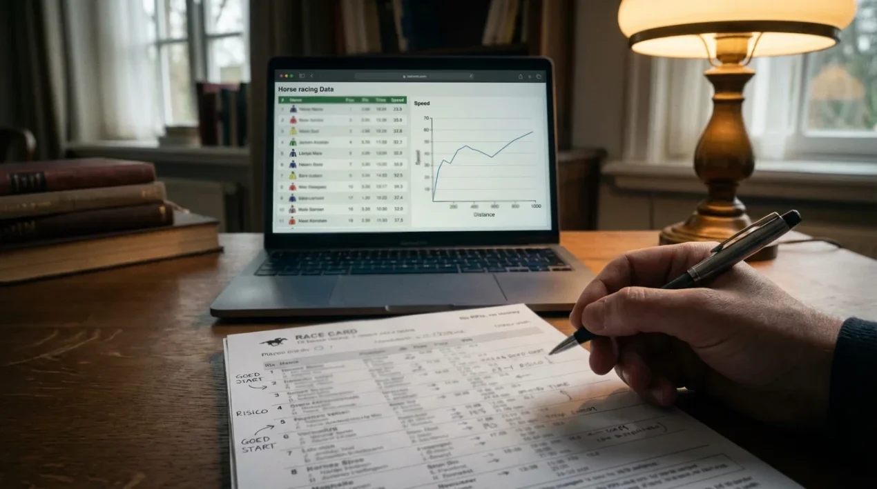Laptopscherm met racedata en grafieken op een bureau naast een racekaart en aantekeningen