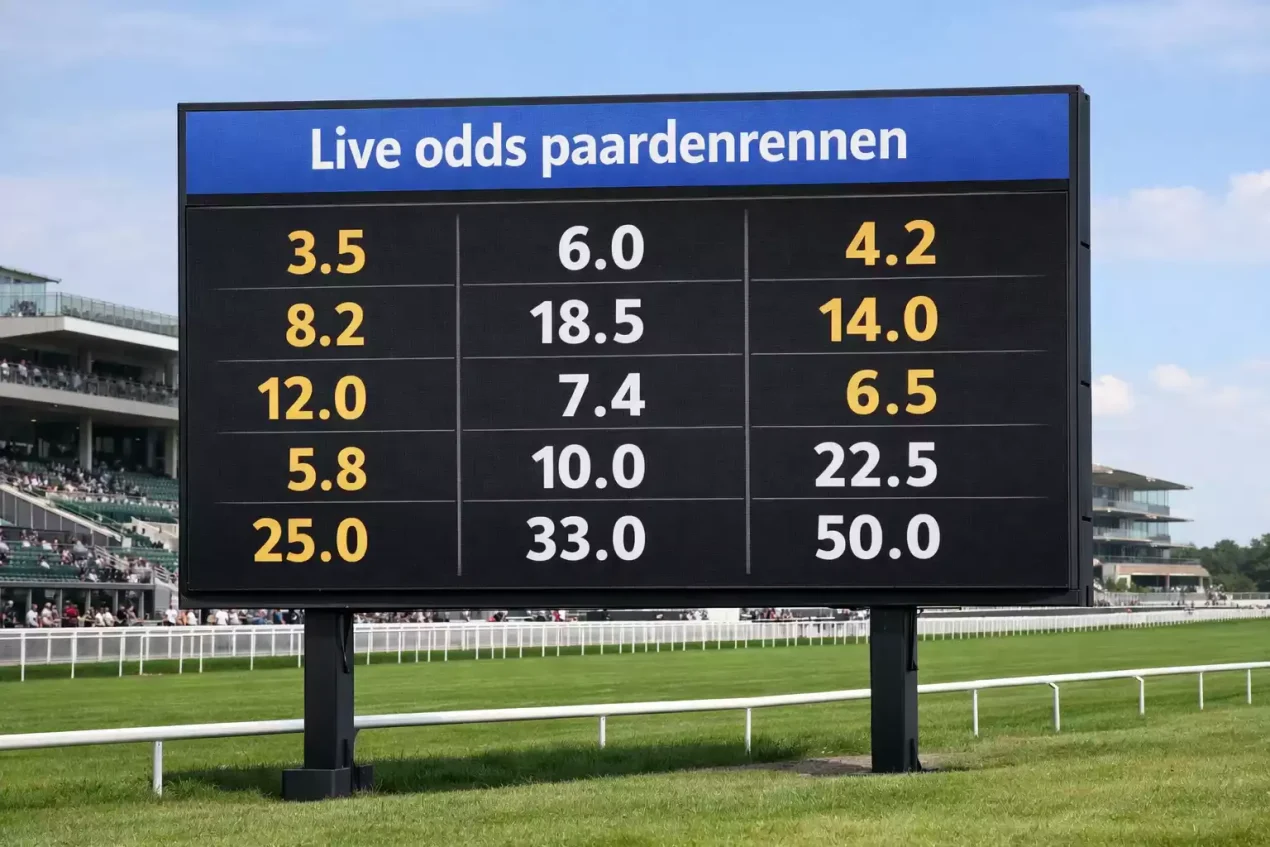 Digitaal schermbord toont live odds op een paardenrenbaan