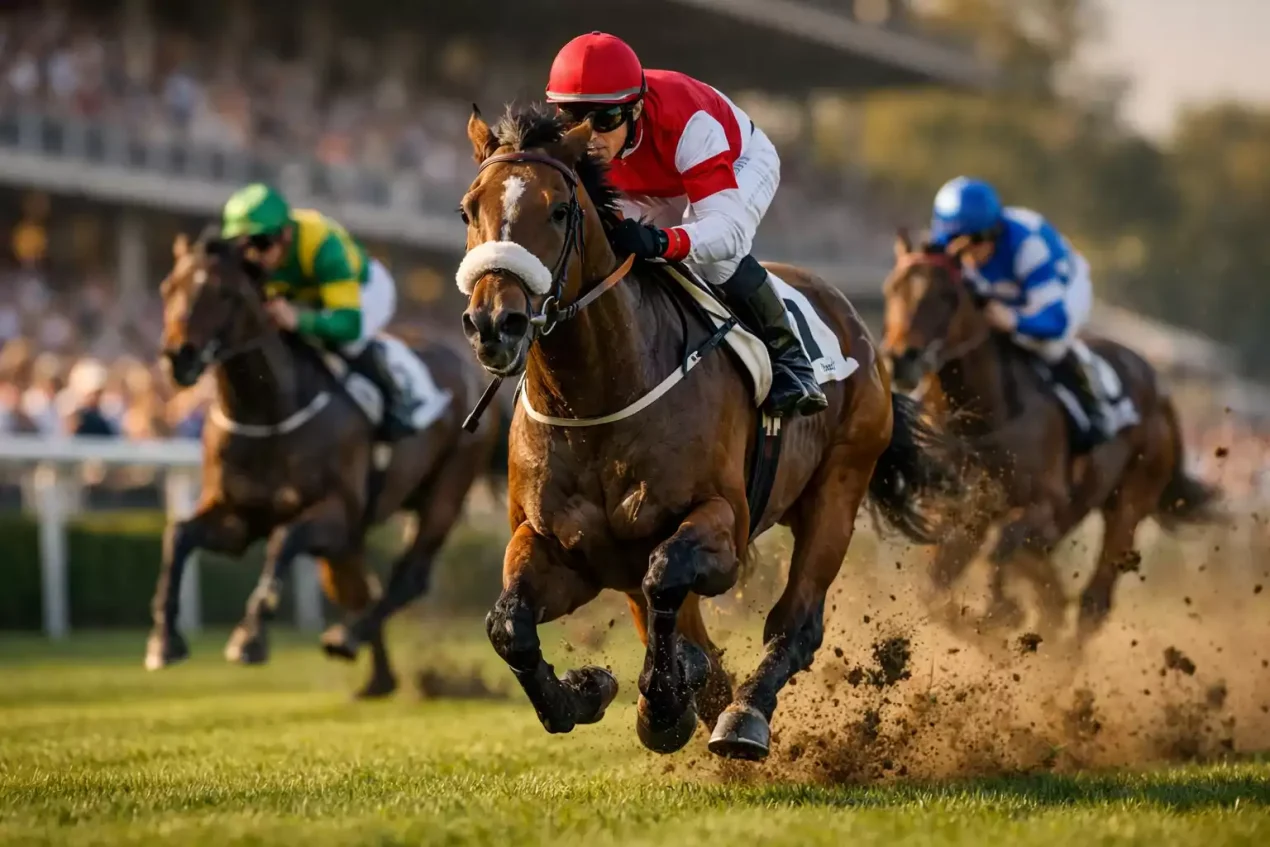 Paarden in volle galop naderen de finishlijn op een grasbaan