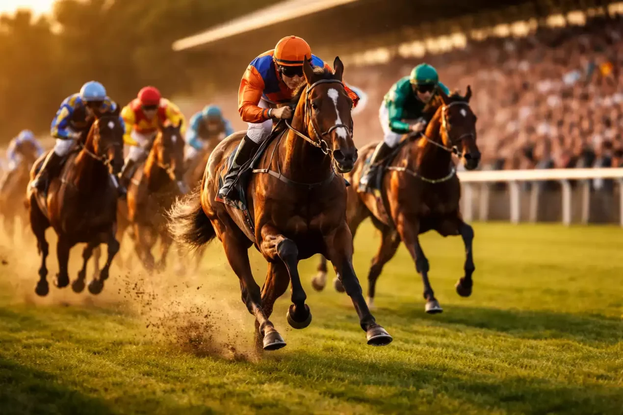 Spannende paardenrace op Nederlandse renbaan met publiek
