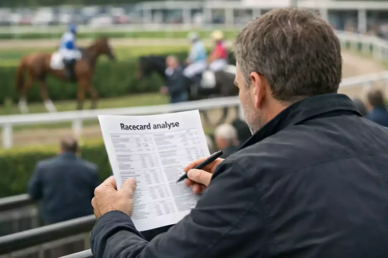 Wedder bestudeert racecard document bij paardenrace