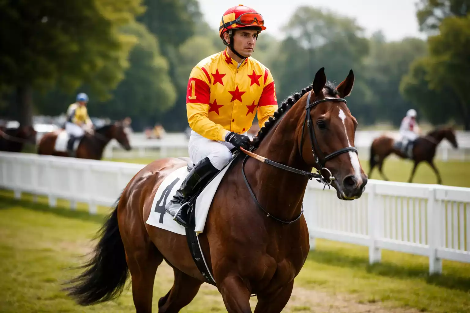 Jockey in kleurrijke outfit zit op paard in de paddock