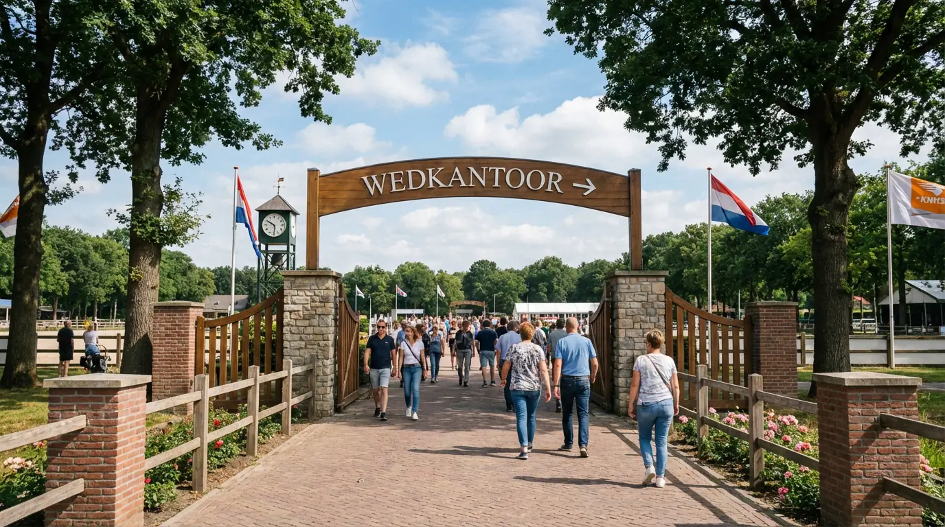 Entree van een Nederlandse renbaan met een bord dat wijst naar het wedkantoor op een zonnige dag