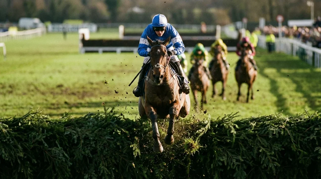 Jockey op een renpaard tijdens een spannend moment in een steeplechase-race bij een hindernis