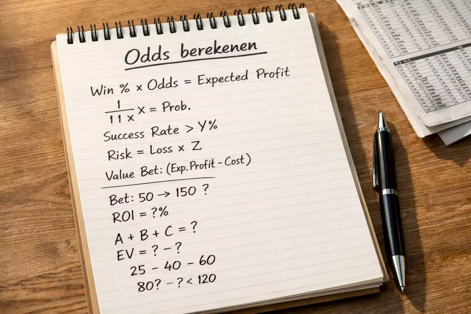 Notitieblok met handgeschreven berekeningen voor weddenschappen