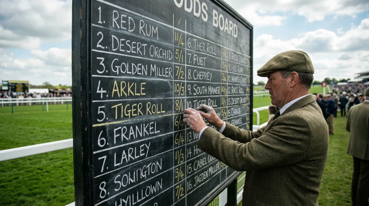Groot informatiebord op een Britse renbaan met odds en startnummers van paarden voor een race