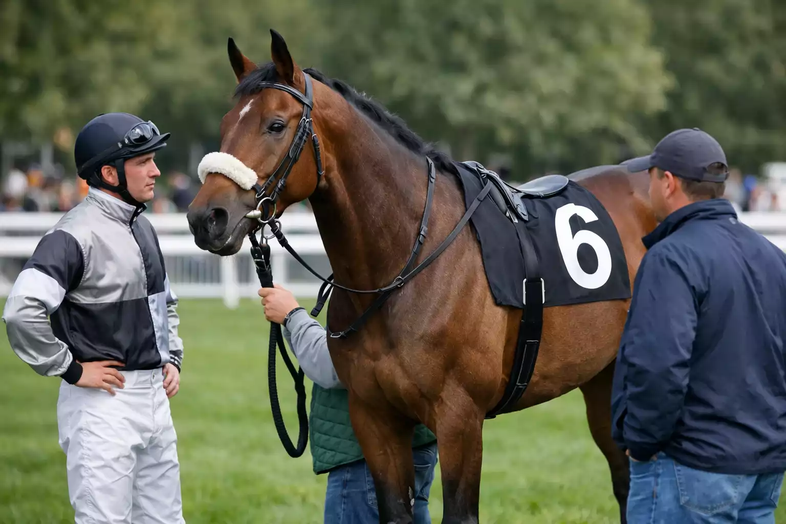 Paard met startnummer en jockey in de paddock