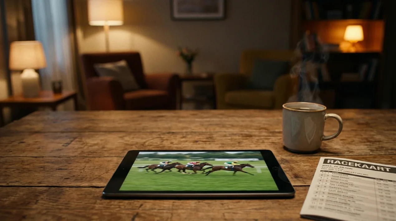 Tablet op een tafel toont een livestream van een paardenrace met een groene baan en galopperende paarden