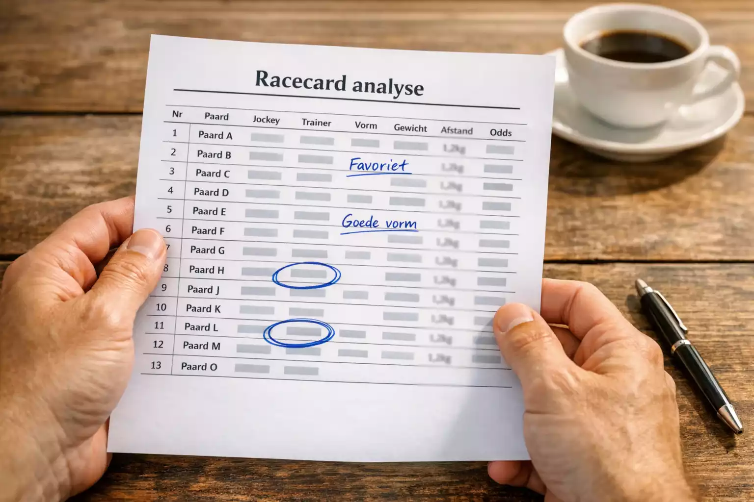 Persoon bestudeert een gedrukte racecard met paardenstatistieken en notities