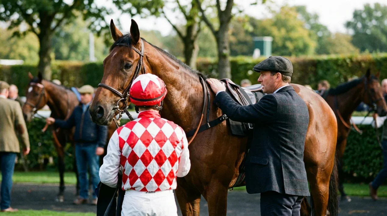 Jockey in kleurrijk racetenue op een renpaard in de paddock voor de race met trainer ernaast