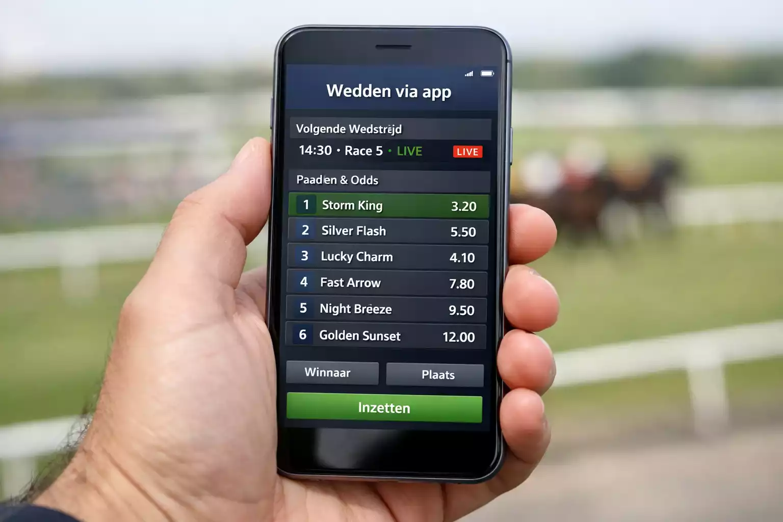 Smartphone toont paardenwedden app met odds overzicht