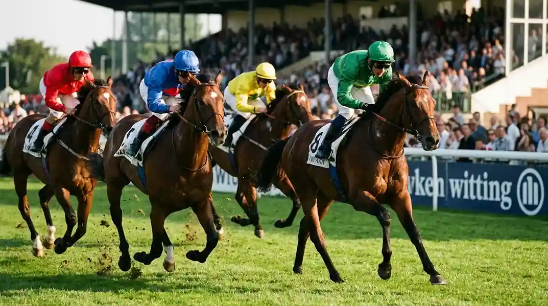 Paardenrace op een groene renbaan met jockeys in kleurrijke kleding die de finishlijn naderen