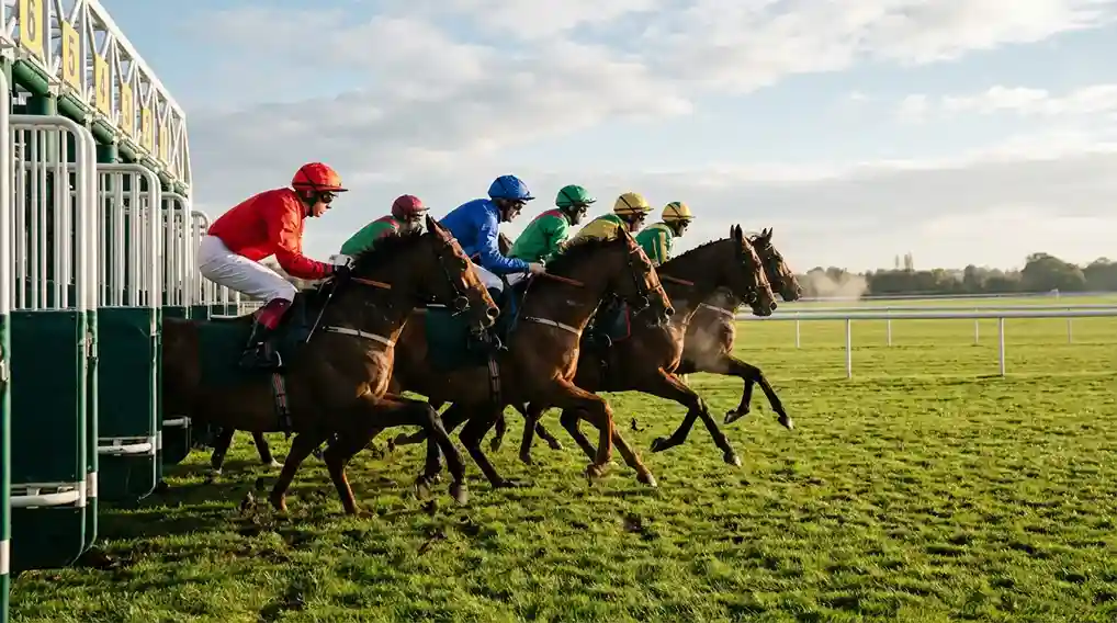 Startboxen van een paardenrace die opengaan met jockeys klaar voor de start op een groene renbaan