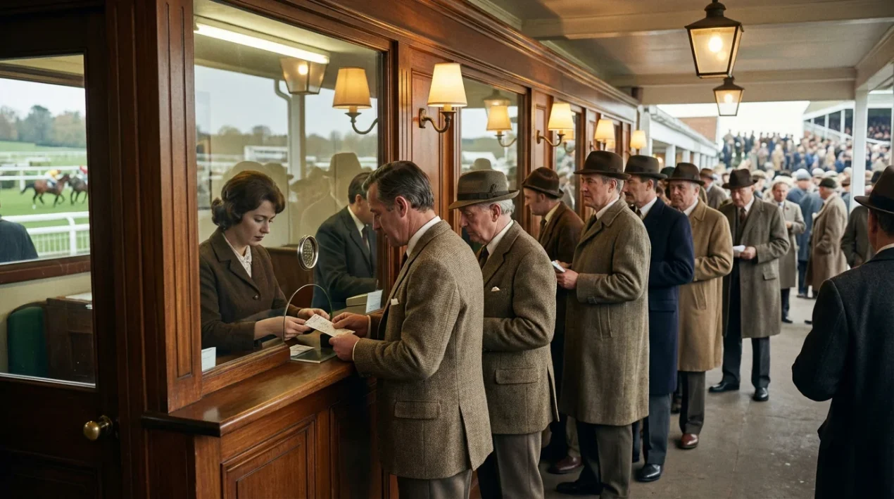 Wedkantoor op een renbaan met wedders die hun weddenschappen plaatsen bij een loket voor de race