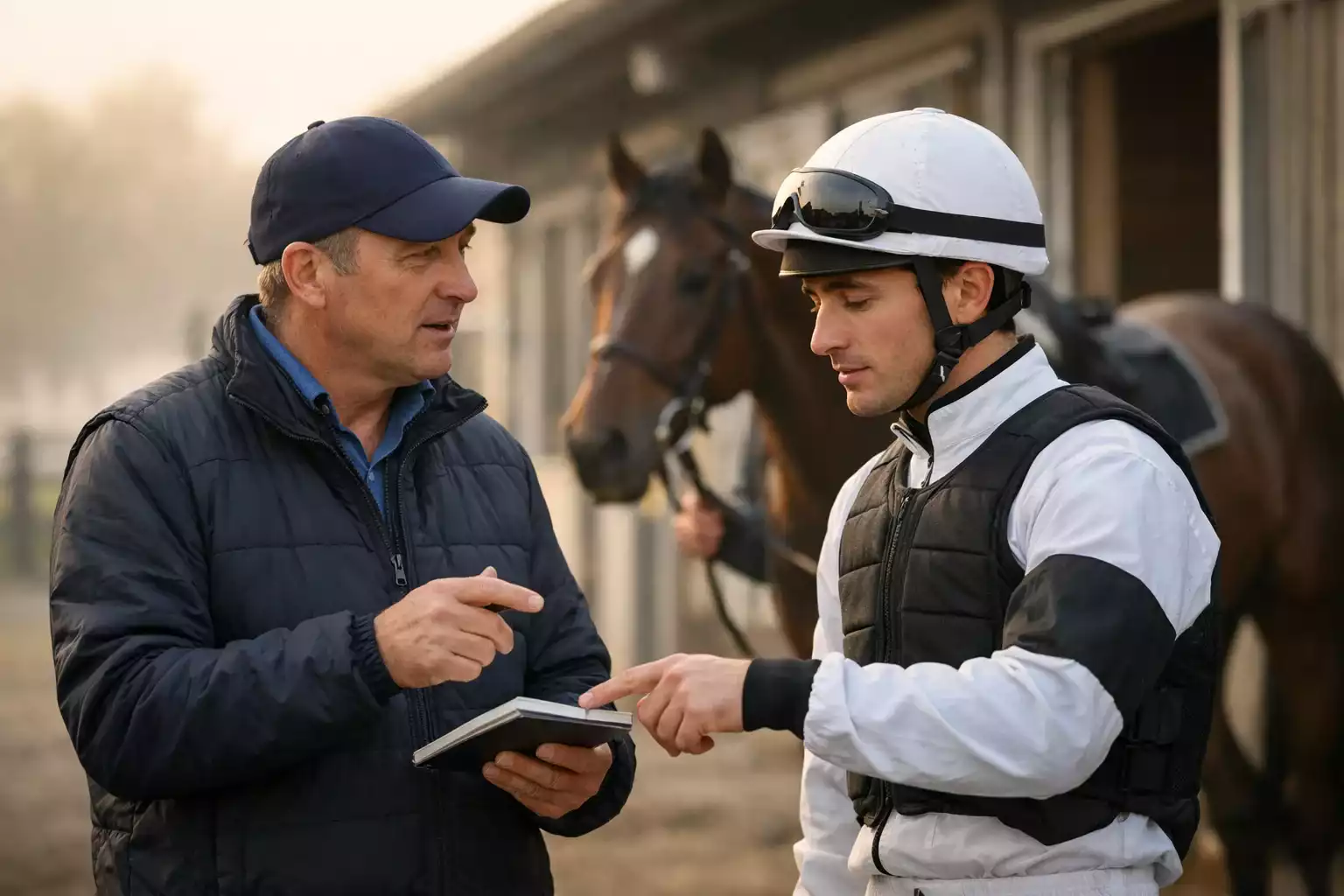 Trainer en jockey in overleg voor de race