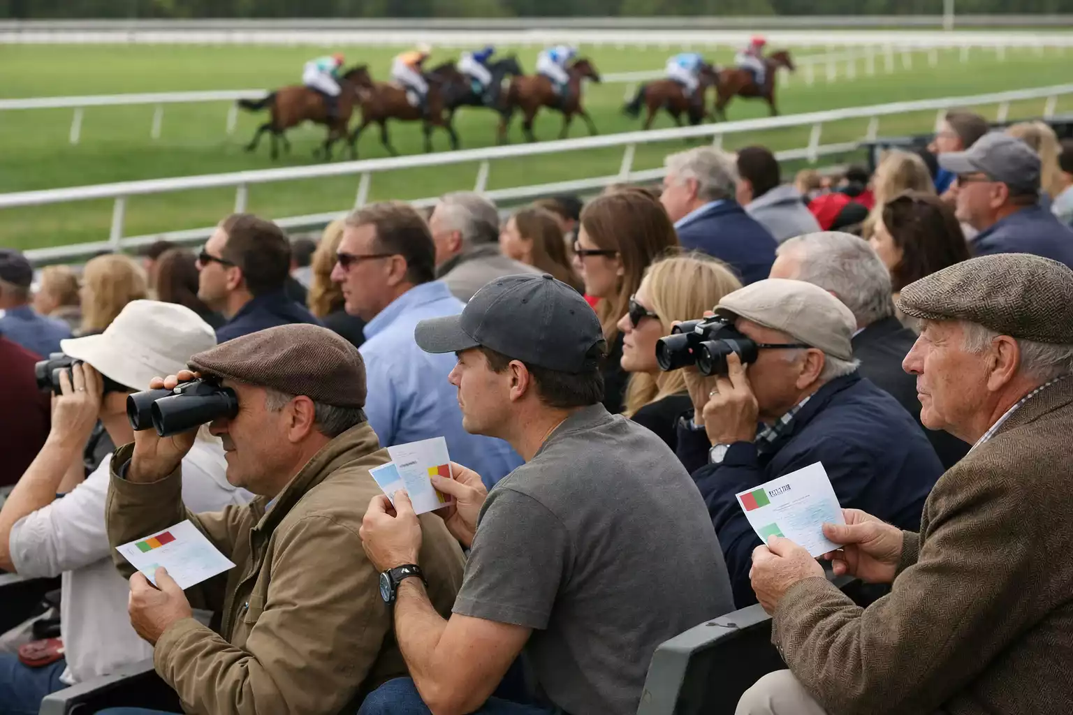 Publiek op de tribune volgt gespannen een paardenrace