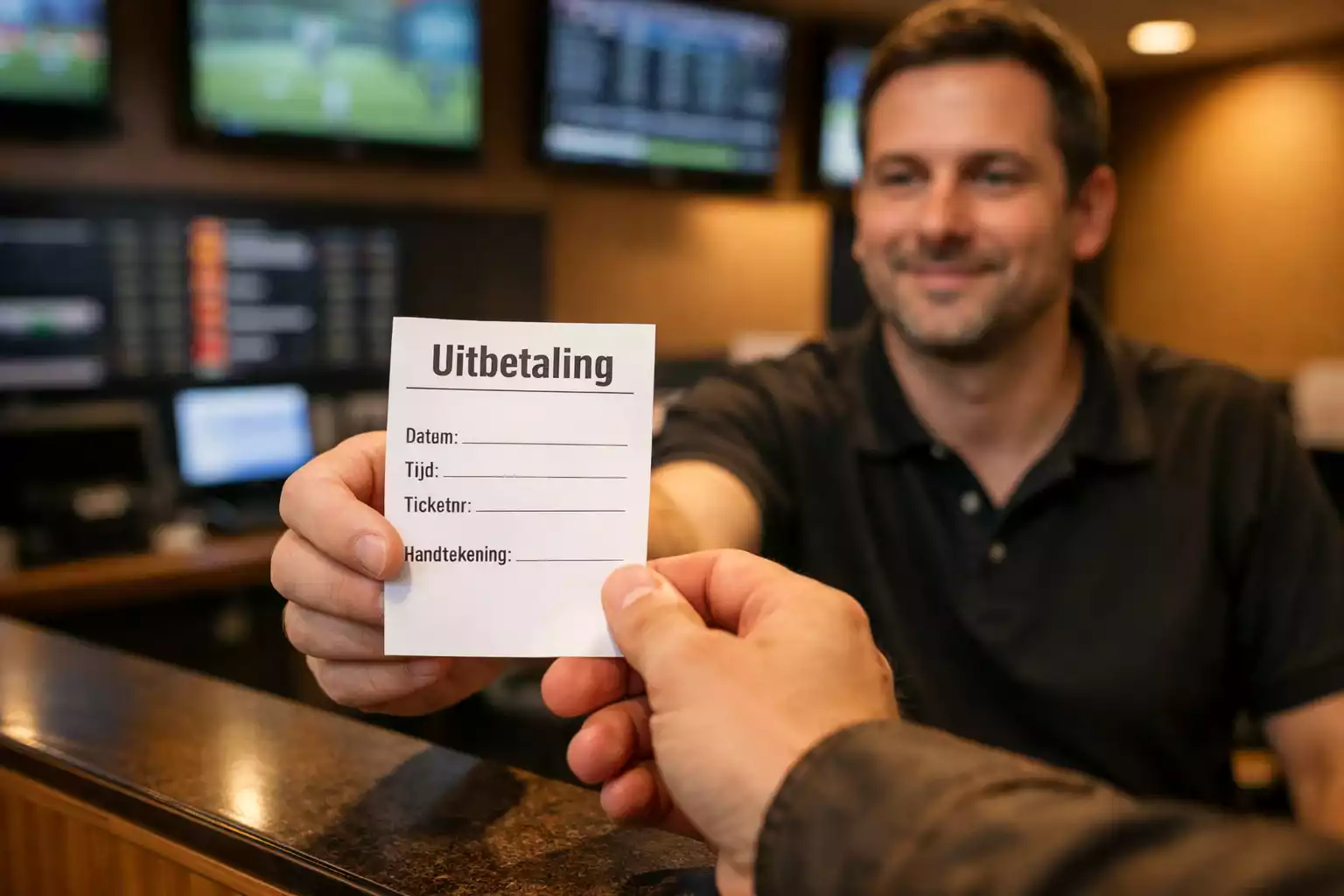 Persoon ontvangt uitbetaling aan wedkantoor balie