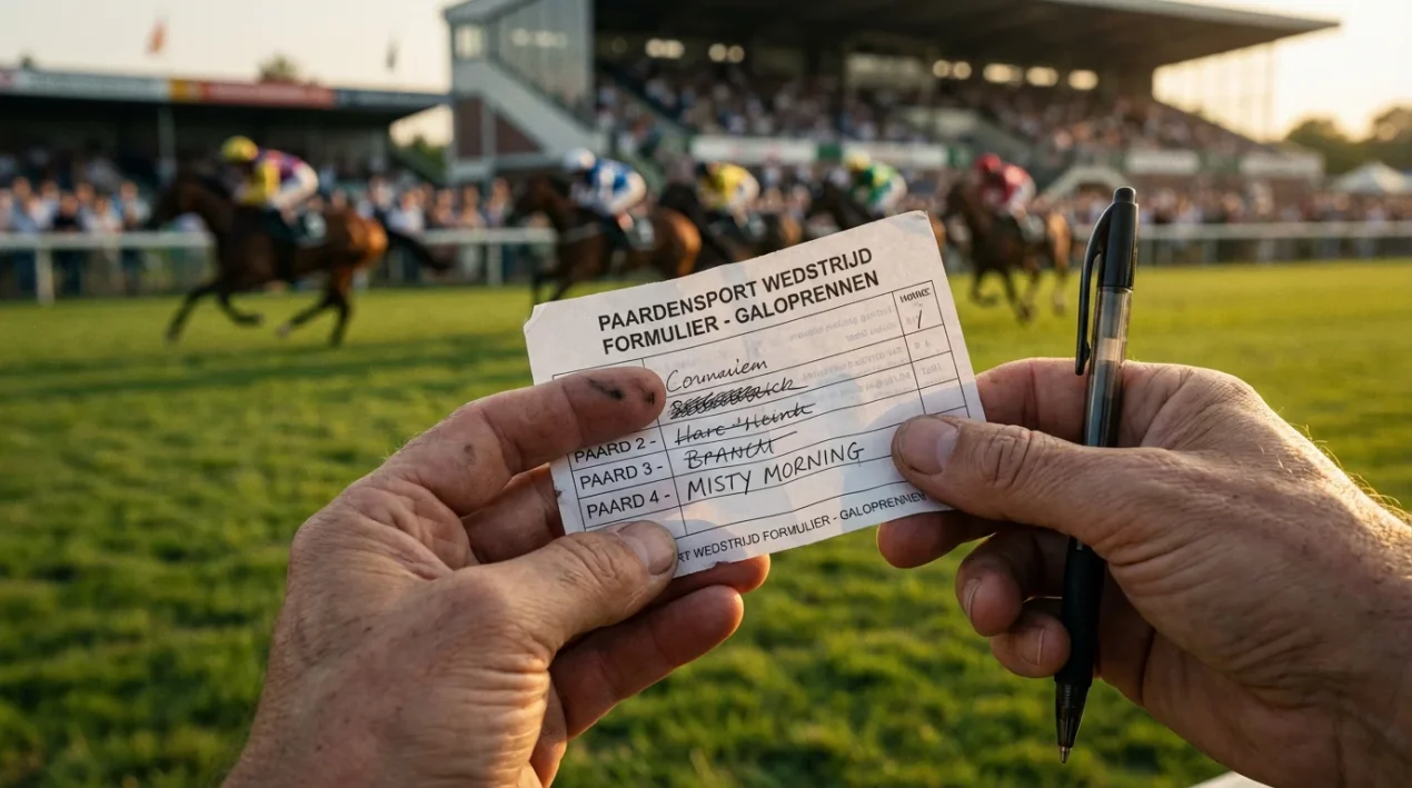 Hand die een wedformulier vasthoudt op een renbaan met renpaarden op de achtergrond