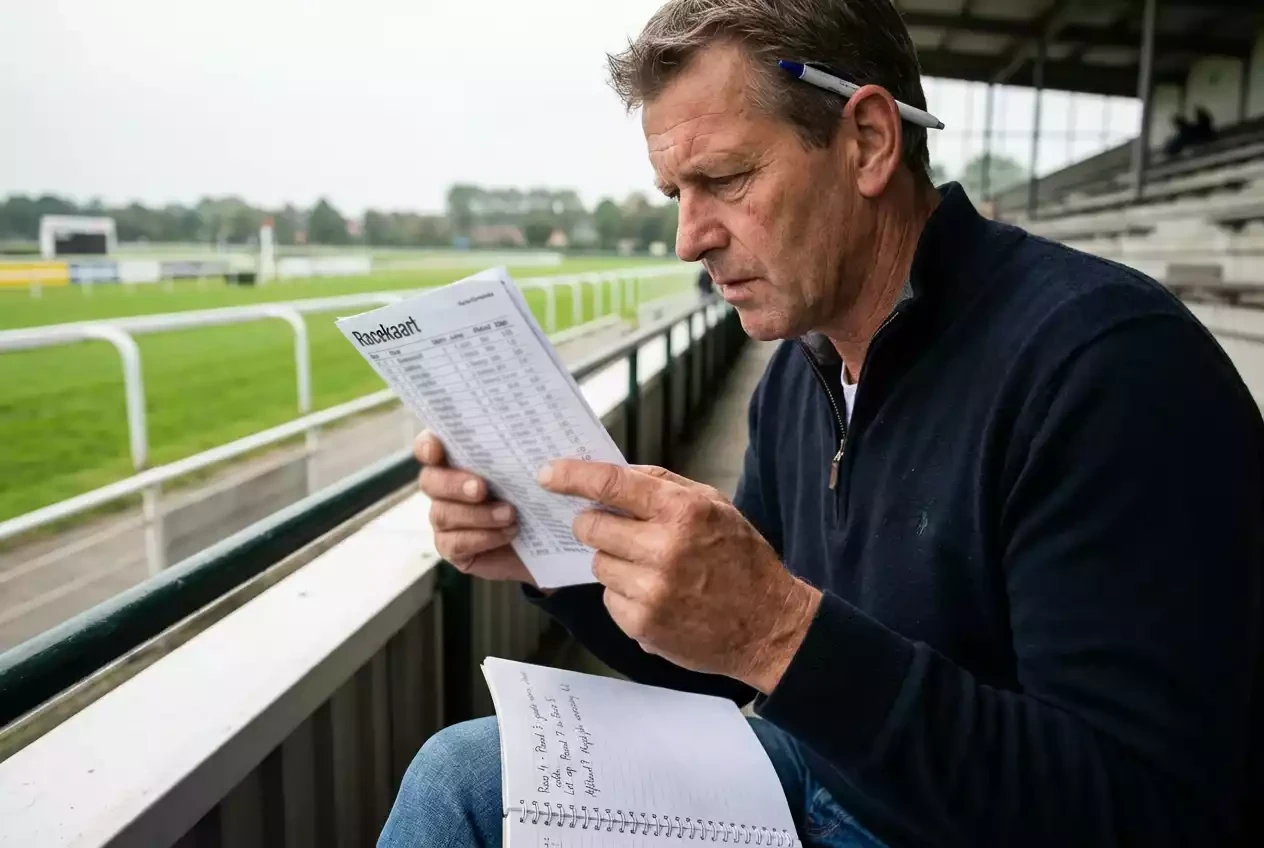 Ervaren wedder bestudeert een racekaart met aantekeningen op een tribune van een renbaan
