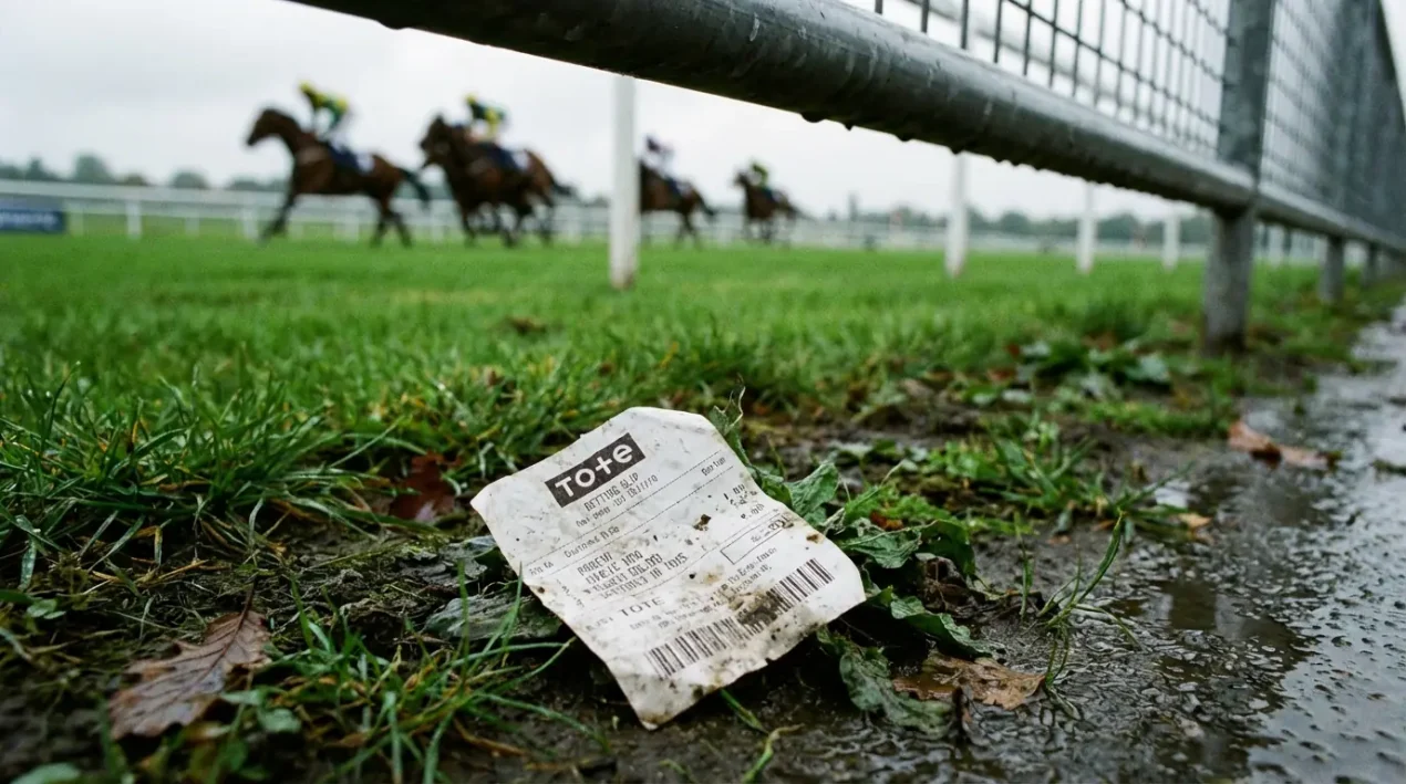 Verfrommeld wedformulier op de grond van een renbaan met onscherpe paarden op de achtergrond