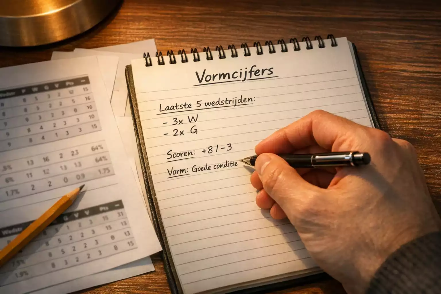 Hand schrijft notities bij analyse van prestatiecijfers