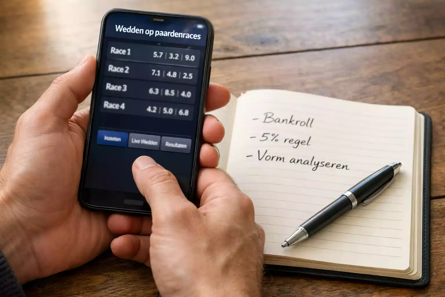 Smartphone met paardenwedden app naast een notitieboek met wedstrategieën