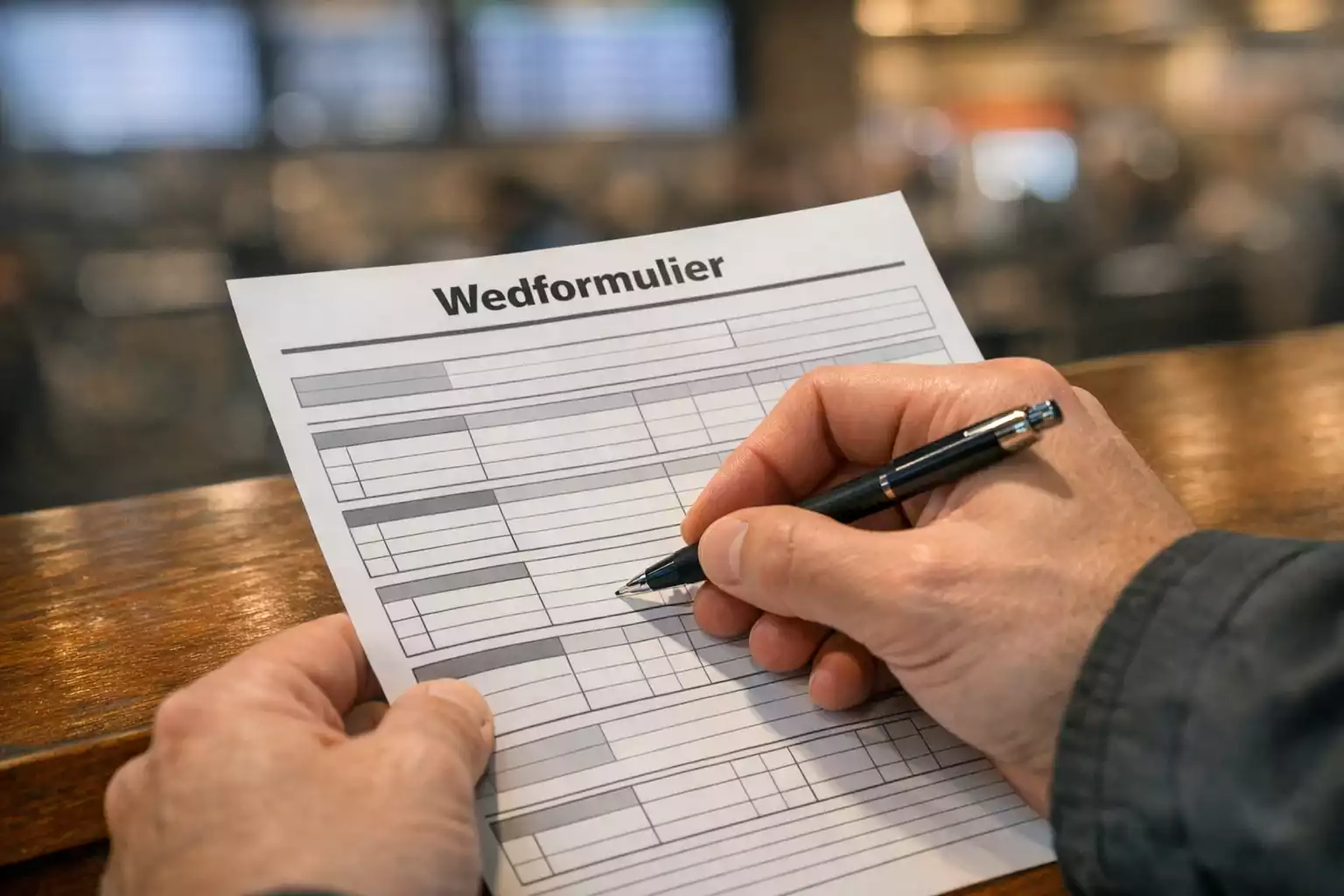 Hand vult wedformulier in bij een paardenwedden balie